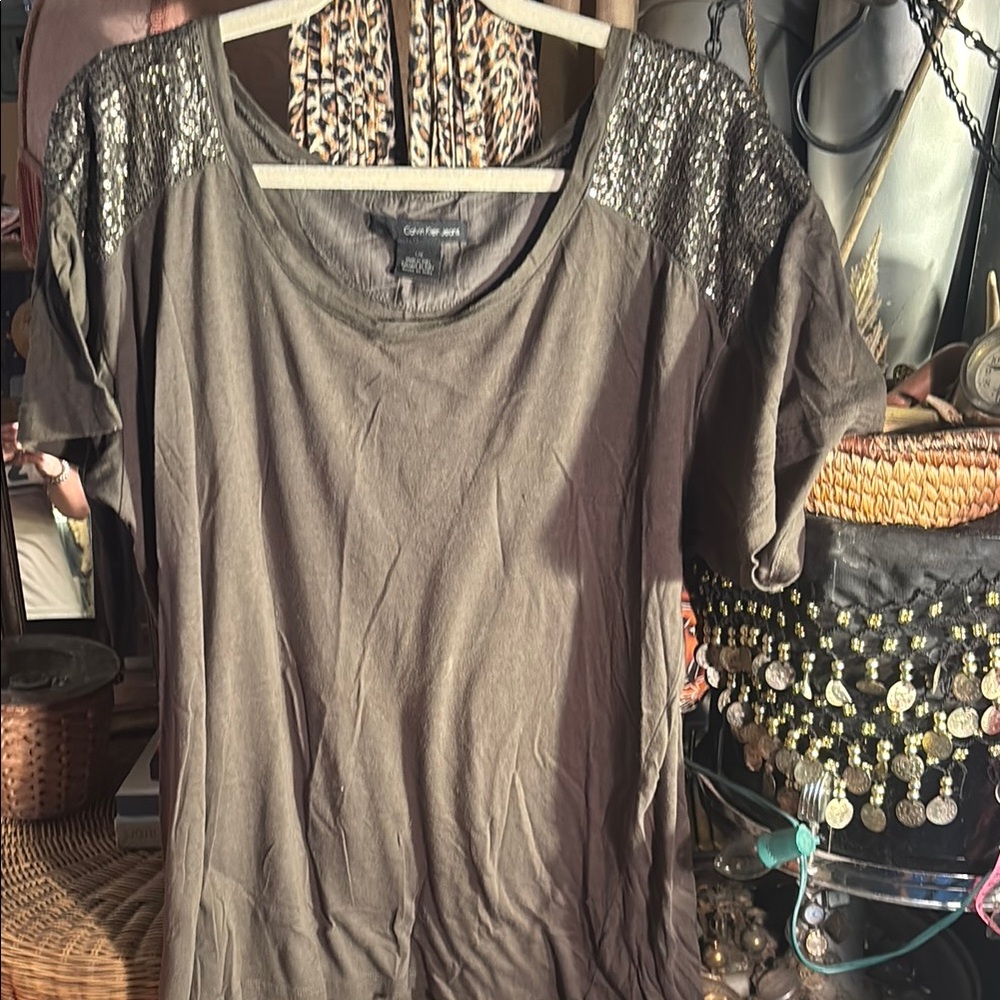 Calvin Klein Sequin Shoulder T-Shirt - Olive Green -